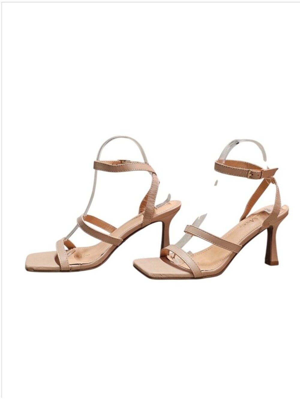 Strappy Nude Beige High Heel Sandals With Square Toe & Adjustable Ankle Strap Fo - Picture 6 of 15